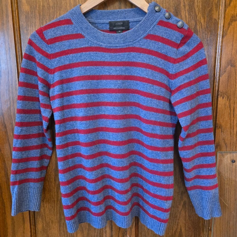 J. Crew Gray and Red Striped Cashmere Blend Sweater XSMALL